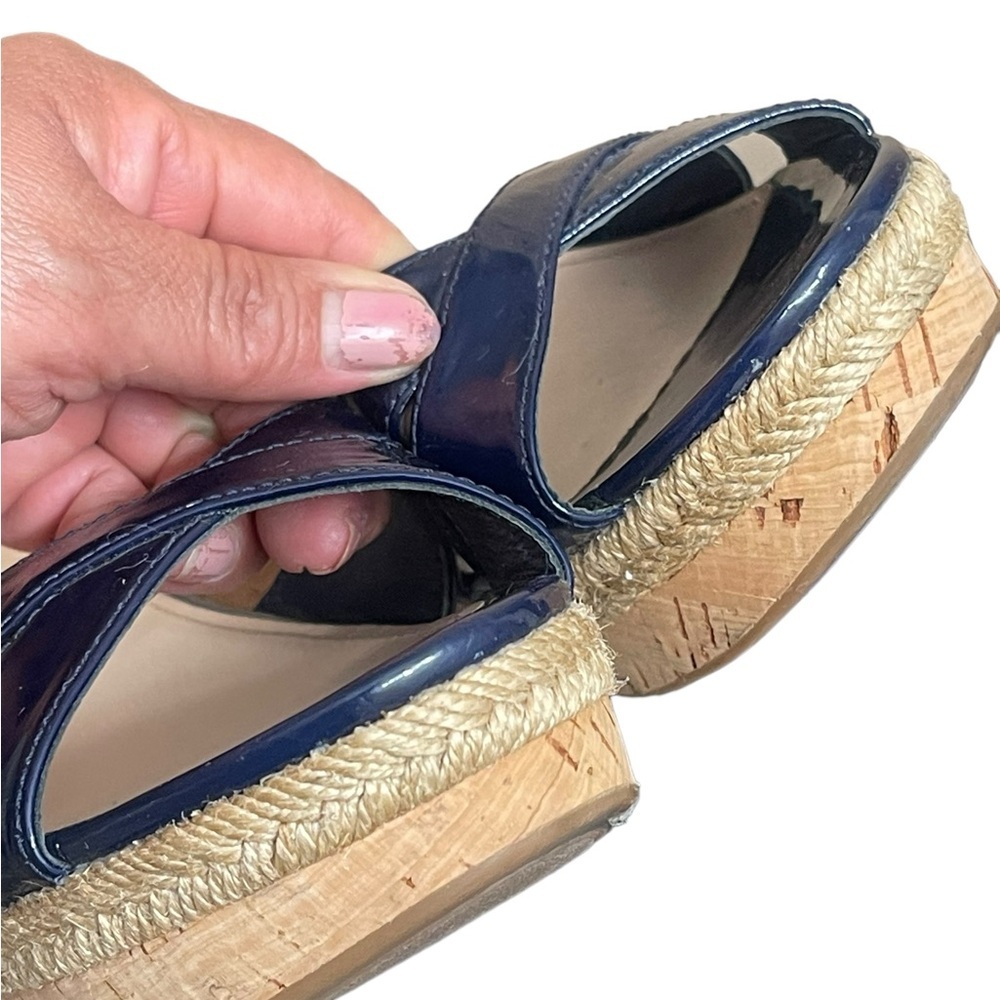 PRADA Platform Cork Wedge
Navy Blue Patent Leather
Sandals Sz EU 37.5 US 7.5 - Picture 10 of 15